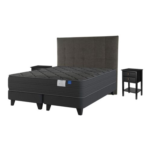 Cama Europea Black Super King + Respaldo Grafito y Veladores
