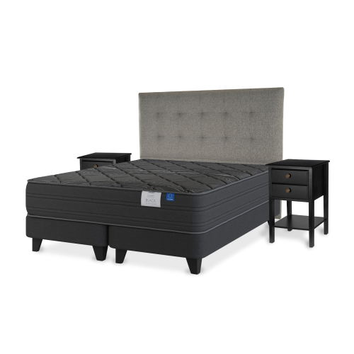 Cama Europea Black Super King + Respaldo Gris y Veladores